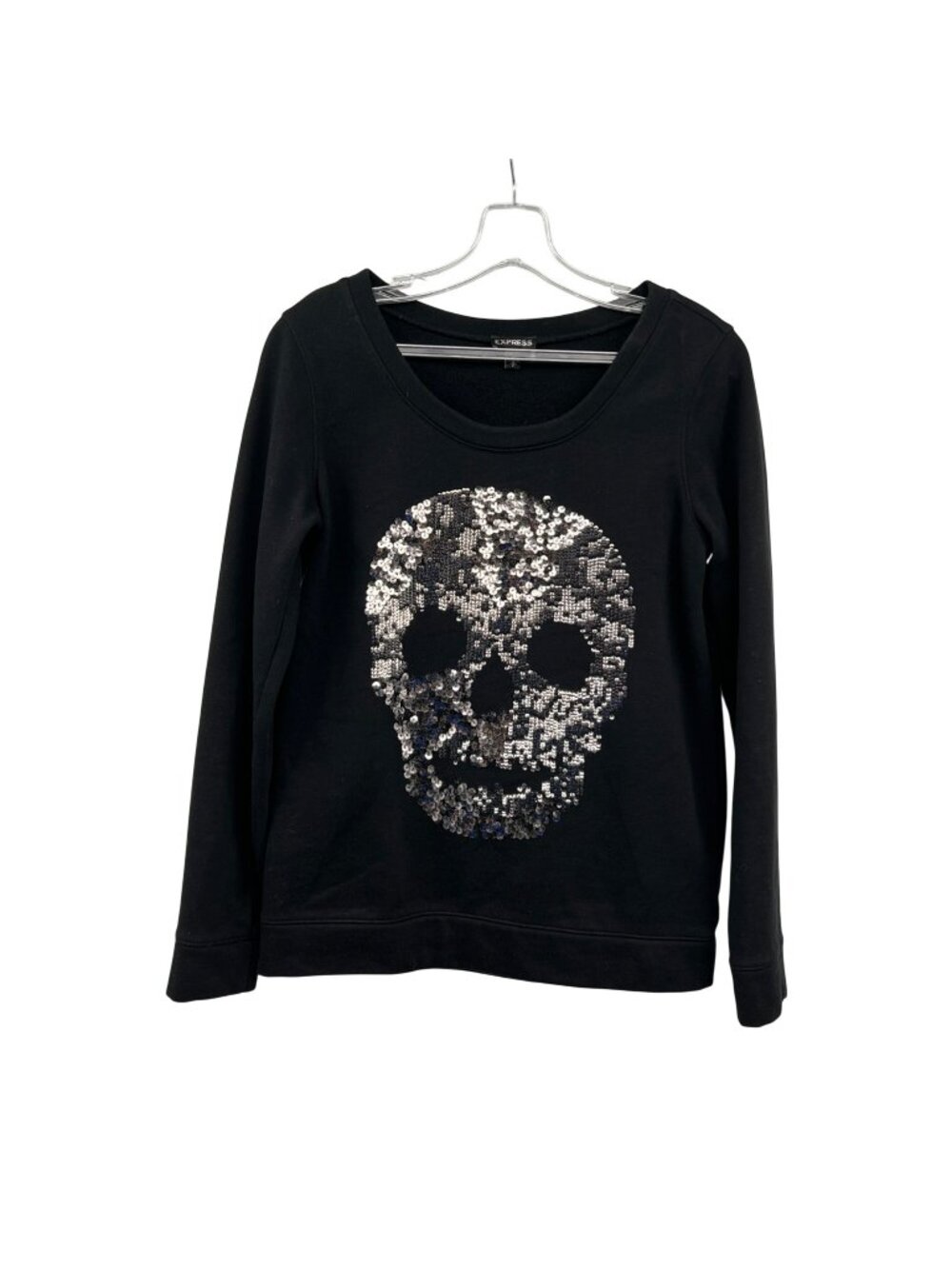 Express Womens Sequined Skull Sweatshirt Black/Silver Size Small